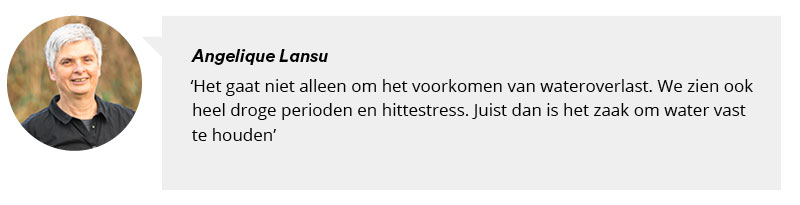 Portretfoto Angelique Lansu met citaat: Het gaat niet alleen om het voorkomen van wateroverlast. We zien ook heel droge perioden en hittestress. Juist dan is het zaak om water vast te houden.