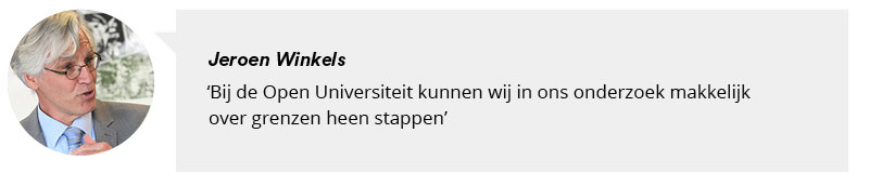 Portretfoto Jeroen Winkels met citaat: Bij de Open Universiteit kunnen wij in ons onderzoek makkelijk over grenzen heen stappen