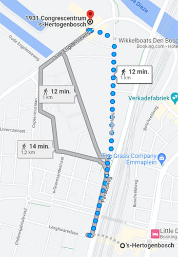 kaartje met wandelroutes tussen het centraal station en de Brabanthallen